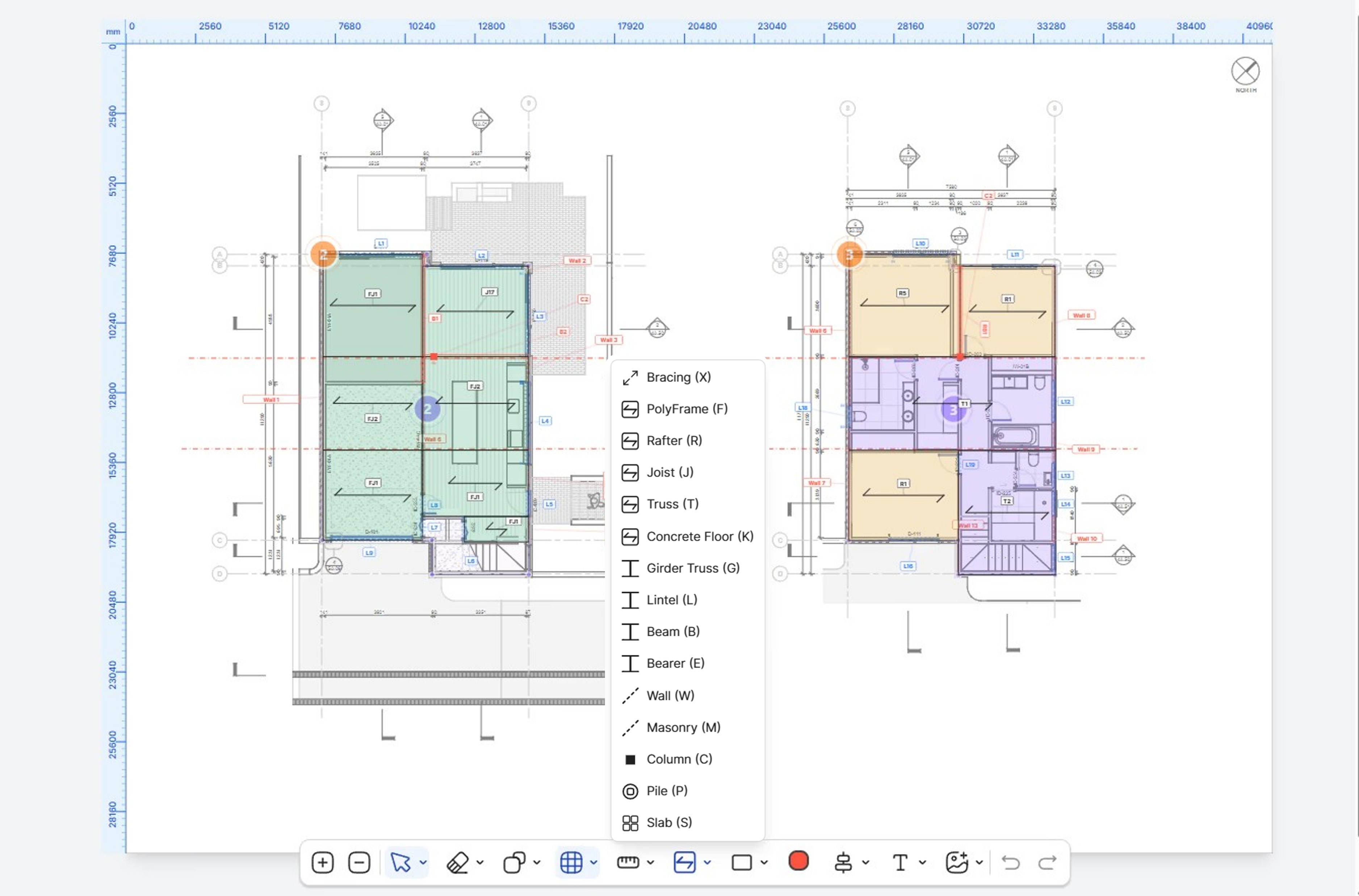 Residential floor plan marked up in Nodey with structural members and bracing
